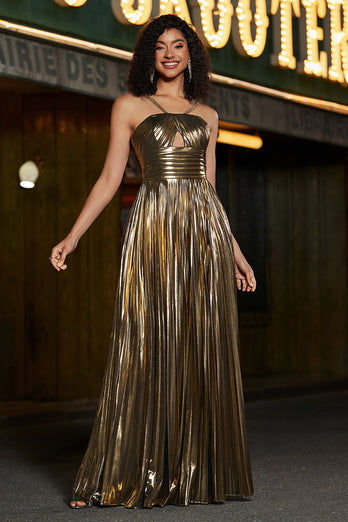 Golden A-Line Spaghetti stropper Plissert Sparkly Prom kjole med tilbehør sett