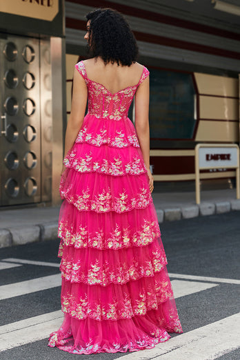Trendy En linje av skulderen Fuchsia Split Front korsett Prom kjole med tilbehør sett