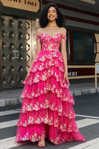 Trendy En linje av skulderen Fuchsia Split Front korsett Prom kjole med tilbehør sett