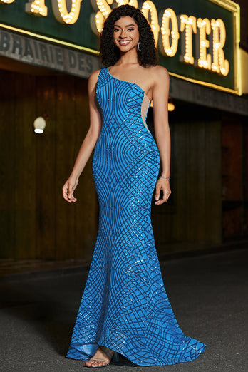 Mermaid One Shoulder Blue Long Prom Dress med paljetter med tilbehør sett