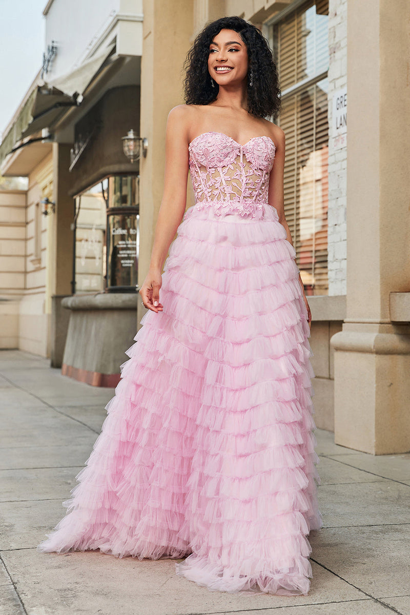 Load image into Gallery viewer, Rosa A-Line stroppeløs lagdelt lang korsett Prom kjole med tilbehør sett