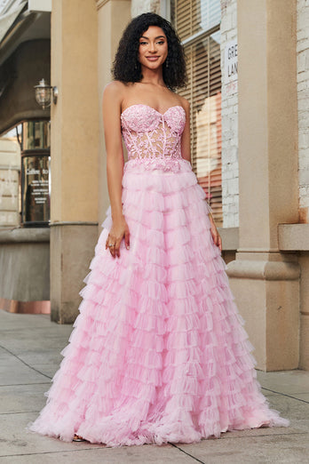 Rosa A-Line stroppeløs lagdelt lang korsett Prom kjole med tilbehør sett