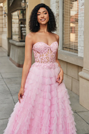 Rosa A-Line stroppeløs lagdelt lang korsett Prom kjole med tilbehør sett