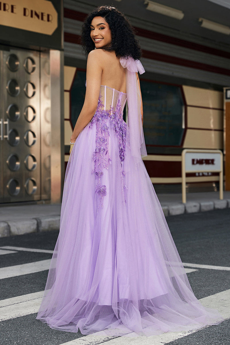 Load image into Gallery viewer, Nydelig A Line Halter Neck Grey Purple Corset Applique Prom kjole med tilbehør sett