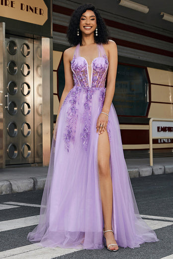 Nydelig A Line Halter Neck Grey Purple Corset Applique Prom kjole med tilbehør sett