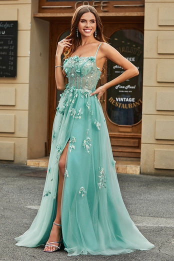 A-Line Grønn Tyllkorsett Applique Long Prom kjole med tilbehør sett