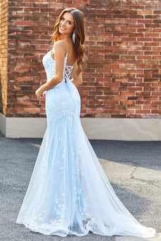 Lyseblå Sparkly Beaded Mermaid Long Prom kjole med tilbehør sett