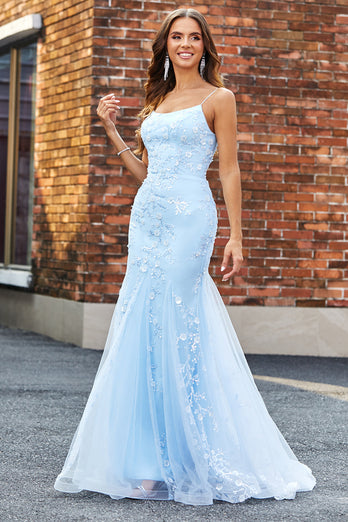 Lyseblå Sparkly Beaded Mermaid Long Prom kjole med tilbehør sett