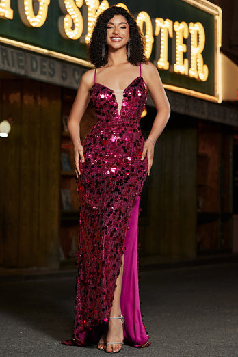 Sparkly Mermaid Spaghetti stropper Fuchsia paljetter Long Prom kjole med tilbehør sett