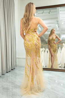 Stunning Mermaid Spaghetti stropper Golden Split Front Prom kjole med tilbehør sett