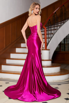 Hot Pink stroppeløs sateng korsett lang prom kjole med tilbehør
