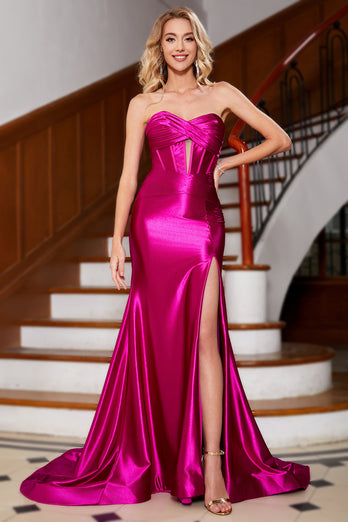 Hot Pink stroppeløs sateng korsett lang prom kjole med tilbehør