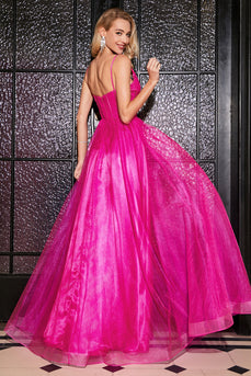Hot Pink A-Line Long Corset Prom kjole med tilbehør