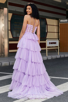 Purple Princess A Line Tiered Corset Prom Dress med tilbehør