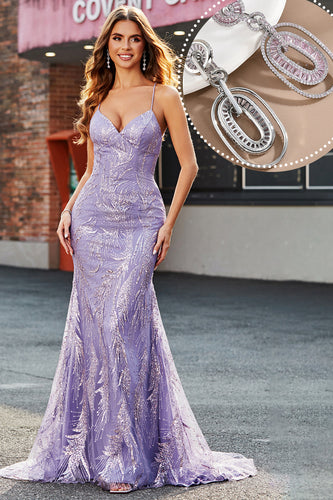 Beading Lilac Sparkly Mermaid Long Prom Dress med tilbehør