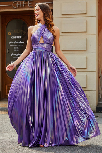 Stunning A Line Halter Neck Purple Long Prom kjole med tilbehør
