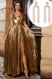 Stunning A Line V-Neck Golden Long Prom kjole med tilbehør