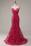 Hot Pink paljetter Print Havfrue Prom Kjole