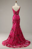 Hot Pink paljetter Print Havfrue Prom Kjole