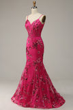 Hot Pink paljetter Print Havfrue Prom Kjole