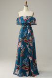 Mørk blå Floral Boho Chiffon Long brudepike kjole