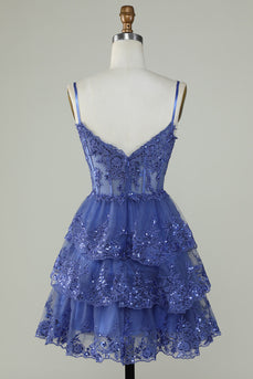 Cute A Line Spaghetti stropper mørk blå glitrende korsett Homecoming kjole