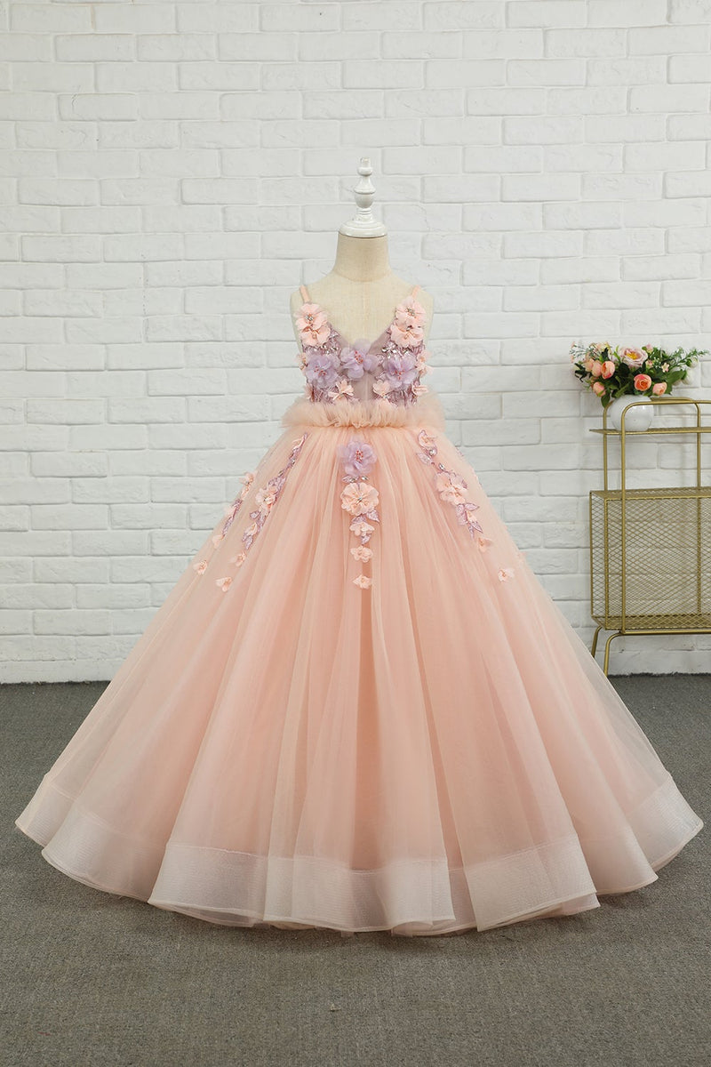Load image into Gallery viewer, rosa tyll spaghetti stropper blomst jente kjole