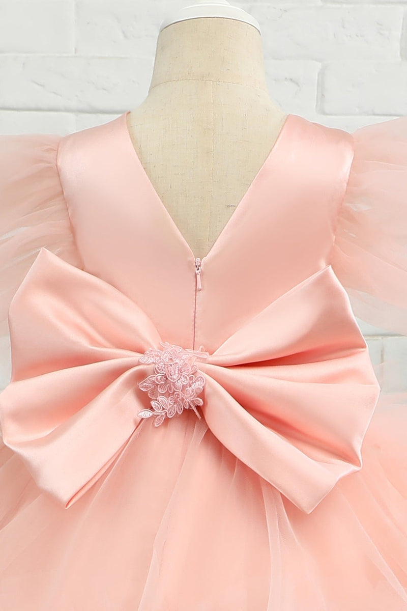 Load image into Gallery viewer, rosa høy-lav tyll blomst jente kjole med bue