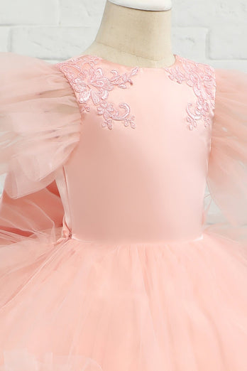 rosa høy-lav tyll blomst jente kjole med bue