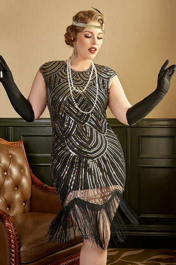 golden paljetter 1920-tallet plus size kjole med frynser
