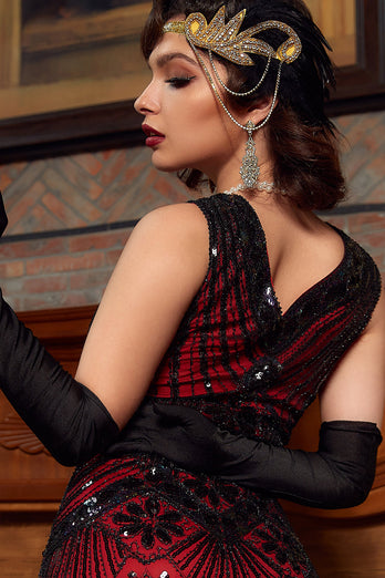 rød og svart glitter frynser 1920-tallet flapper kjole