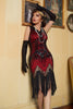Load image into Gallery viewer, rød og svart glitter frynser 1920-tallet flapper kjole