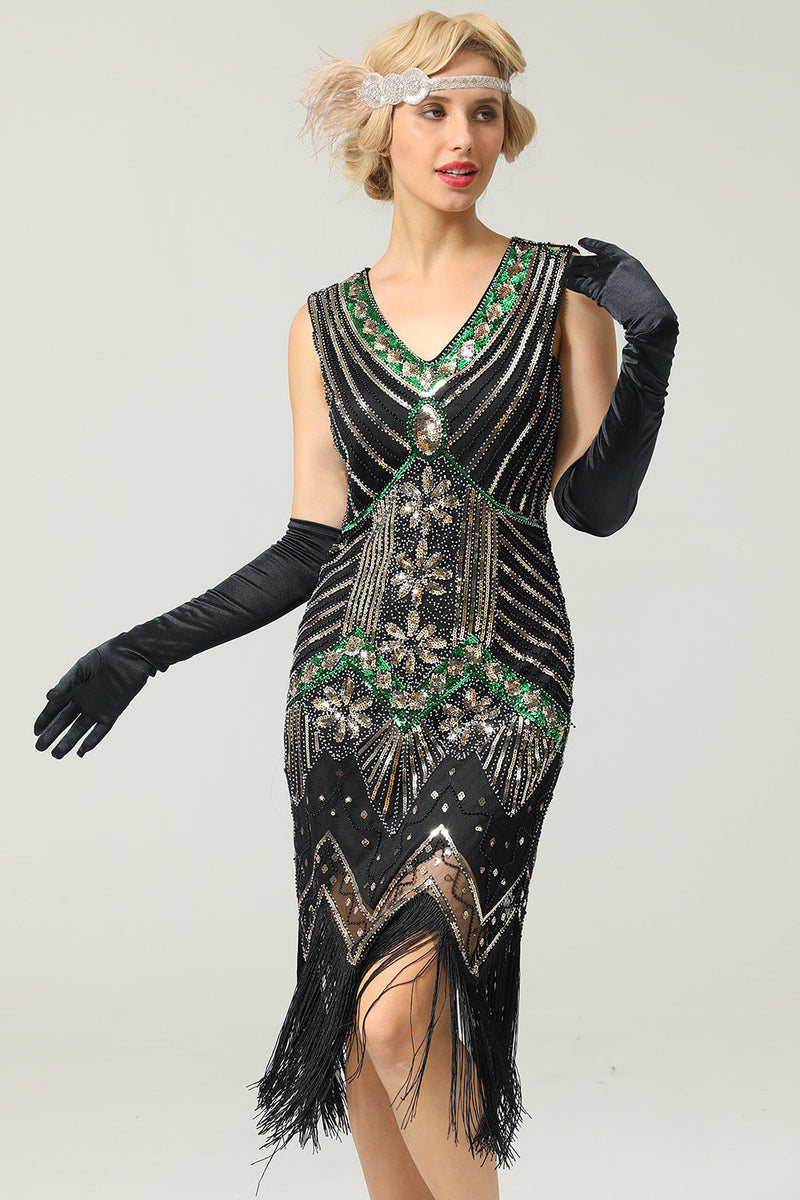 Load image into Gallery viewer, rød og svart glitter frynser 1920-tallet flapper kjole