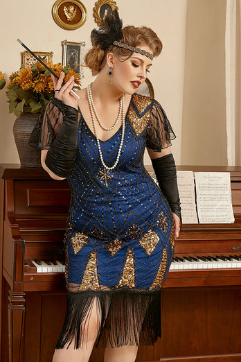 blå frynser paljett pluss størrelse 1920-tallet kjole