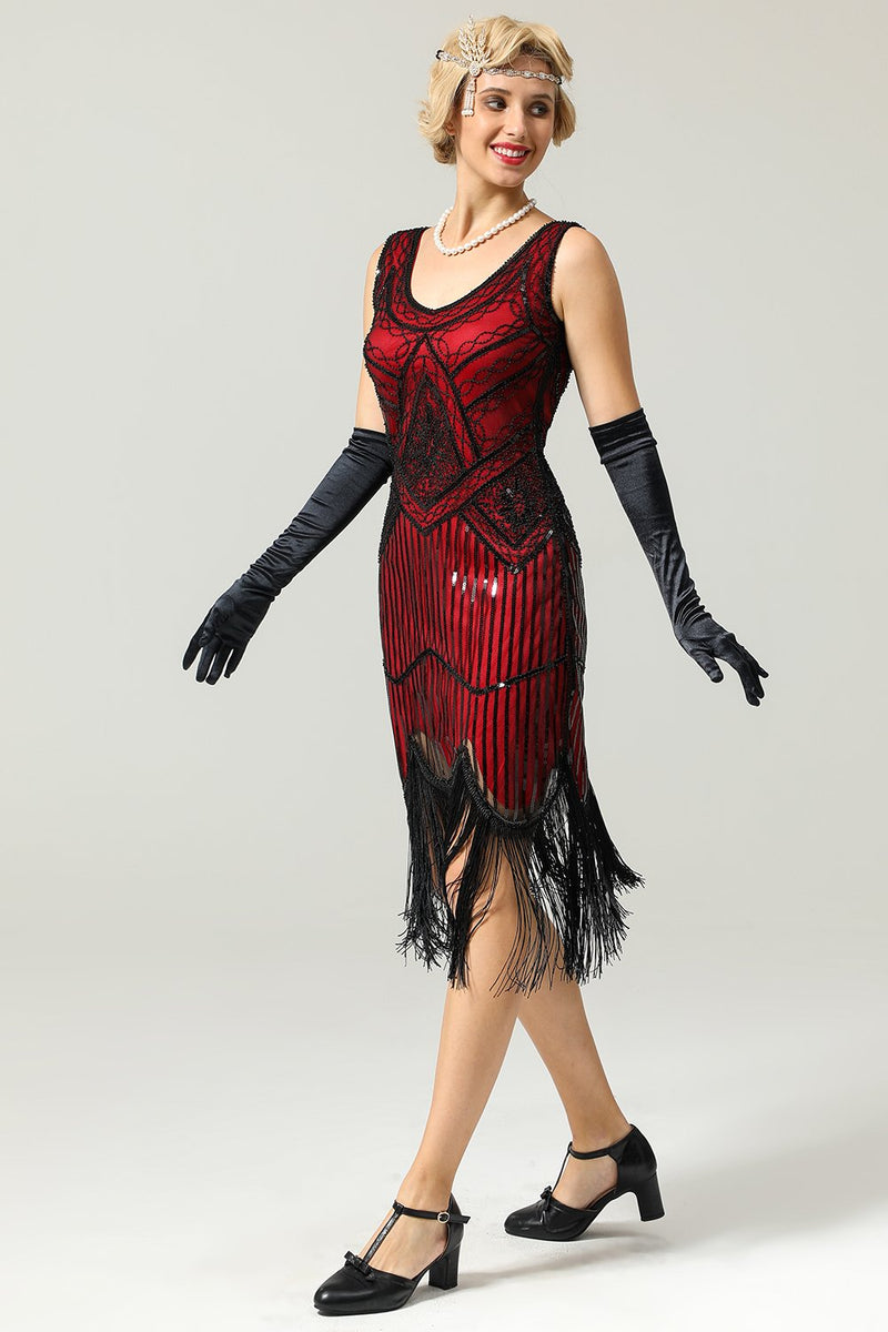 Load image into Gallery viewer, Red and Black Deep V Neck Flapper 1920 Dress