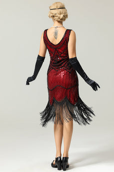 Red and Black Deep V Neck Flapper 1920 Dress