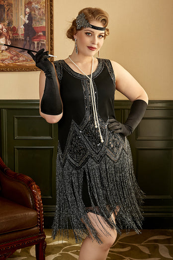 svart pluss størrelse 1920-tallet flapper kjole med fringers