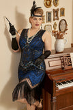 Paljett Royal Blue Plus Størrelse 1920-tallet Flapper Kjole