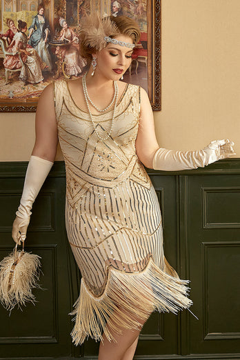 Aprikos paljett frynser pluss størrelse 1920-tallet Flapper kjole