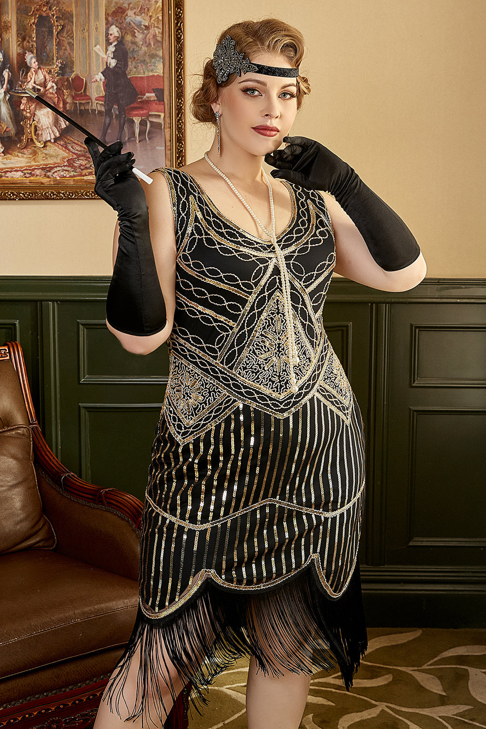 svart paljetter frynser pluss størrelse 1920-tallet flapper kjole