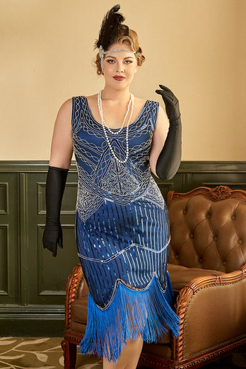 Royal Blue Plus Størrelse 1920-tallet Kjole med Fringers