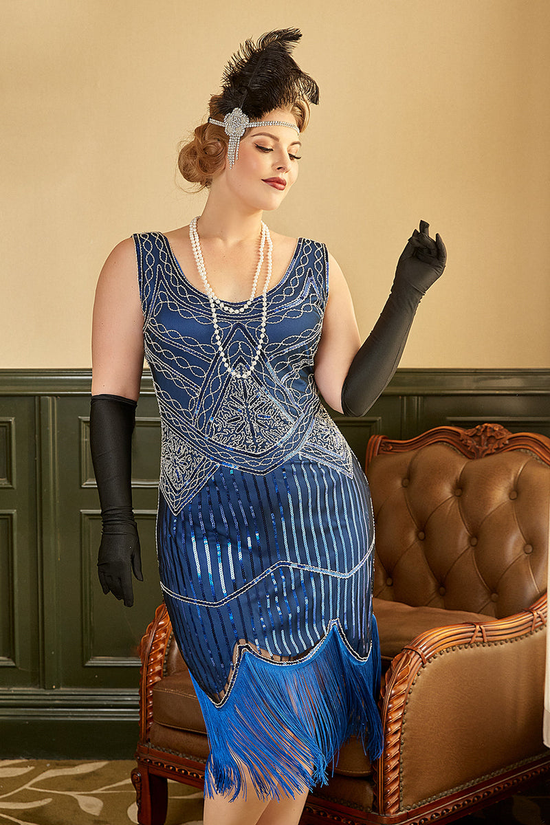 Load image into Gallery viewer, Royal Blue Plus Størrelse 1920-tallet Kjole med Fringers