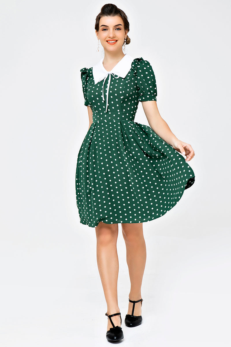 Load image into Gallery viewer, retro stil polka prikker grønn swing kjole