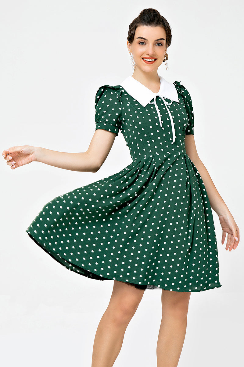 Load image into Gallery viewer, retro stil polka prikker grønn swing kjole