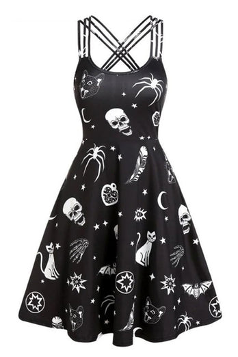 svart hodeskalle print pin opp vintage kjole