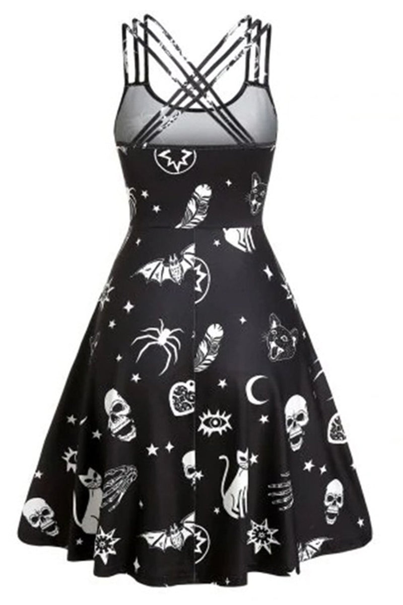 Load image into Gallery viewer, svart hodeskalle print pin opp vintage kjole