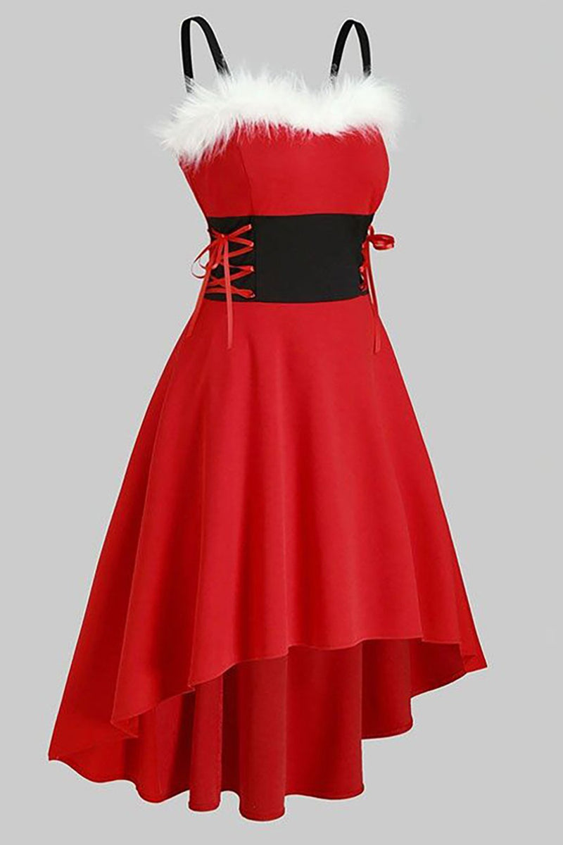 Load image into Gallery viewer, rød vintage julefest kjole med fjær