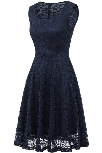 rund hals marineblå blonder kjole