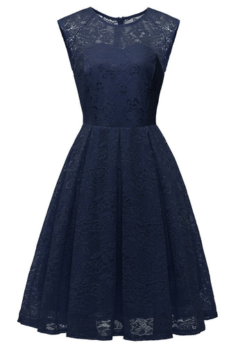 rund hals marineblå blonder kjole