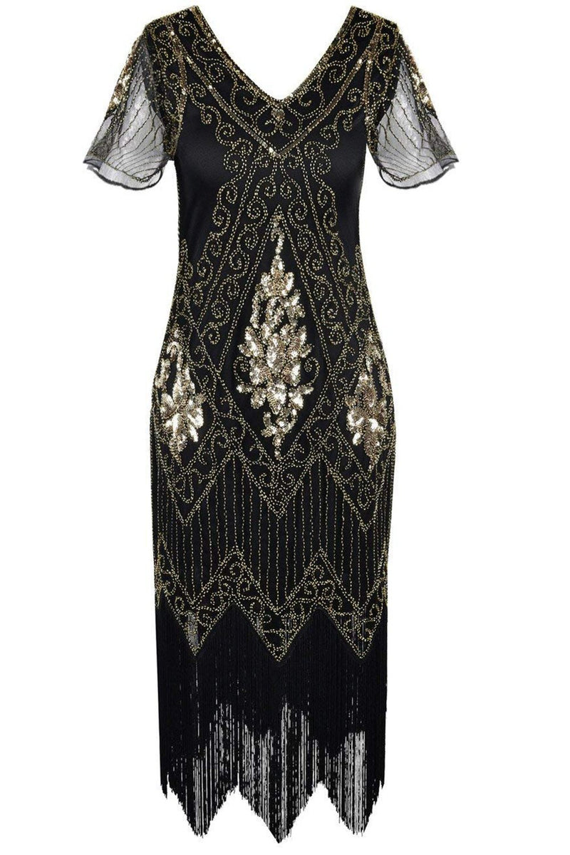 Load image into Gallery viewer, v nakke svart 1920-tallet flapper kjole